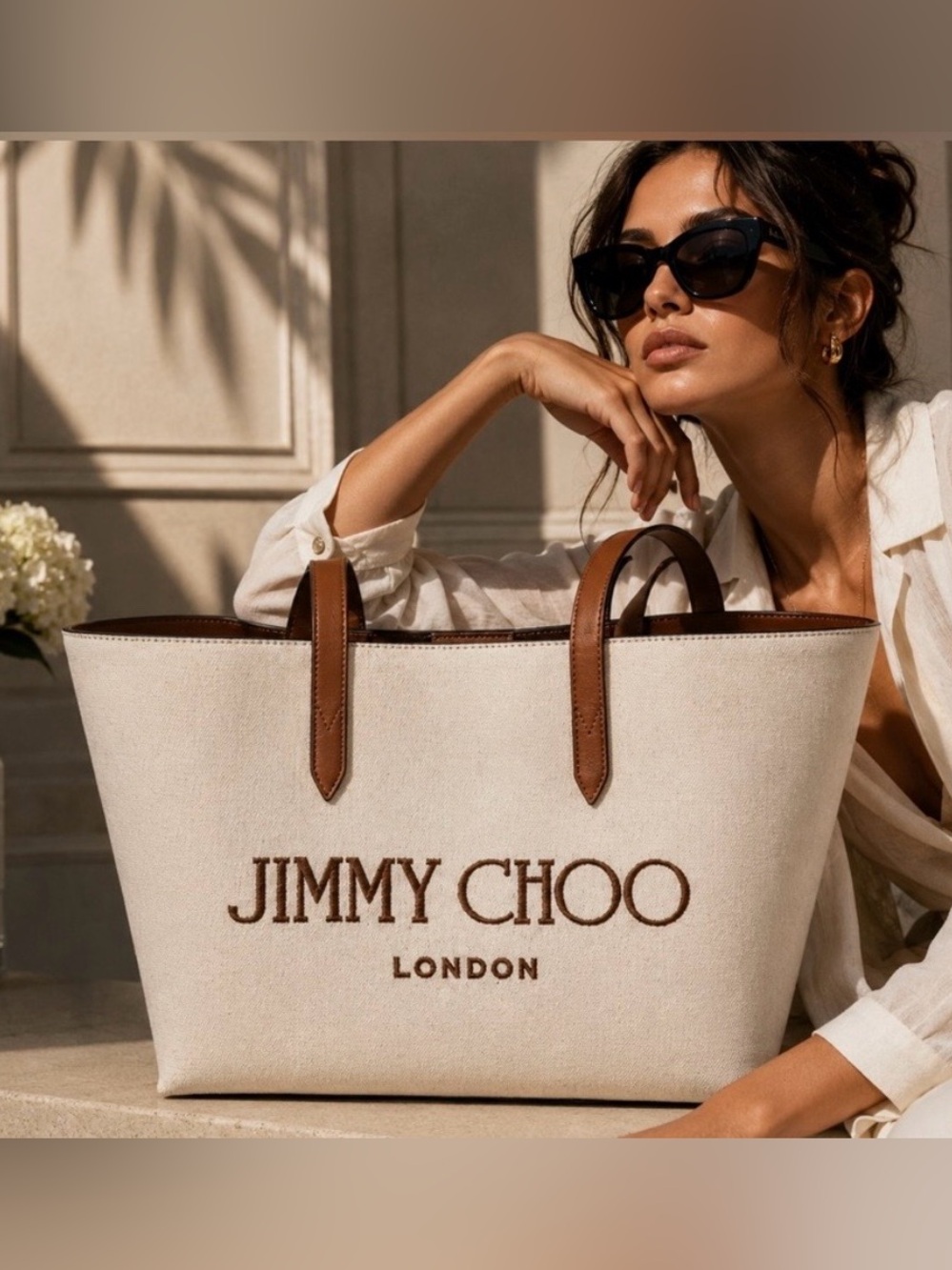 Jimmy Choo Canvas Logo Tote Ecru Tan NEW - Picture 3 of 17